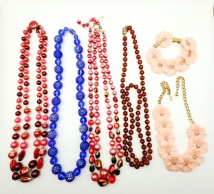 1950s Double Strand Japan Blue Iridescent Lucite Beaded Moon Glow Pink Gold Tone Beaded Faux Amber