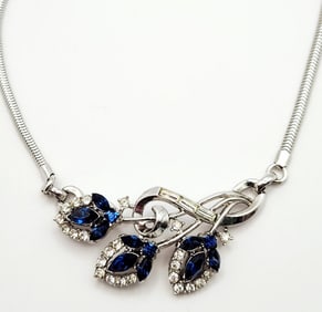 Crown Trifari 1950s Vintage Alfred Philippe Diamante Necklace Silver Tone Blue Marquis & Blue &