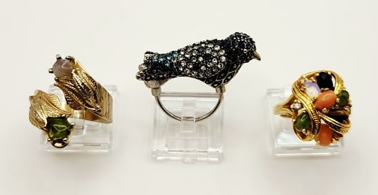 Gold Tone Adjustable Green & Pink Stone Lucky Brand Bird Size 5.5 & Gold Tone Multi-Gemstone Ring