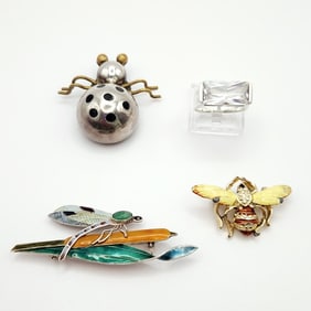 925 Sterling Taxco TC 254 Lady Bug 925 Dragonfly Guilloche Enamel Cabochon Jade Brooches Pins 925