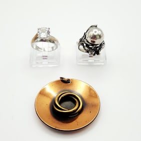 925 Sterling & Vermeil SC CZ Solitaire Ring Art Nouveau Sterling Ball Flower Leaf Ring & Copper