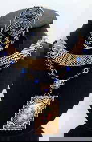 Gold Tone Mesh Choker Necklace Victorian Sterling Marcasite & Multi-Colored Rhinestone Brooch Pin &