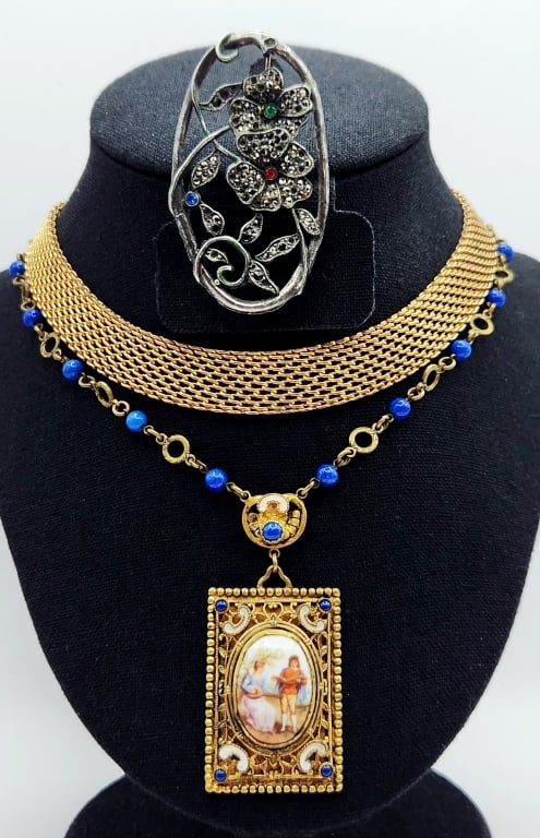 Gold Tone Mesh Choker Necklace Victorian Sterling Marcasite & Multi-Colored Rhinestone Brooch Pin & (1 of 14)