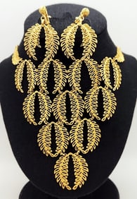 Vendome Gold Tone Modernist Fern Choker Bib Necklace & Earring Set