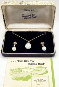 1949 Gem With The Burning Heart Floating Opal By Opalite 14K 1/20 Gold Filled Necklace & Earring Set