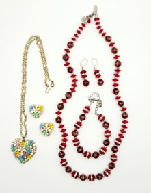 Gold Tone Pastel Flowers Heart Pendant & Earrings & Murano Aventurine Glass Beads Necklace &