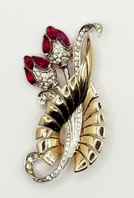1949 MB Boucher Gold & Pave Openwork Leaf Swirl Double Red & Clear Rhinestones Flowers Gold & Silver