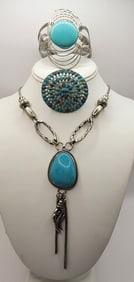 Silver Tone Faux Turquoise Cuff Bracelet Ralph Lauren Brooch Pin & Necklace Pendant