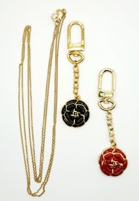 St John Gold Tone 2 Strand Necklace & Gold Tone Enamel Flower Key Rings Chains Necklace is 33.5".