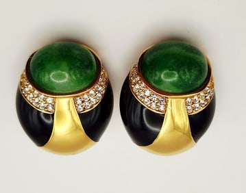 Ciner Gold Tone Faux Green Jade Cabochon Rhinestone Earrings