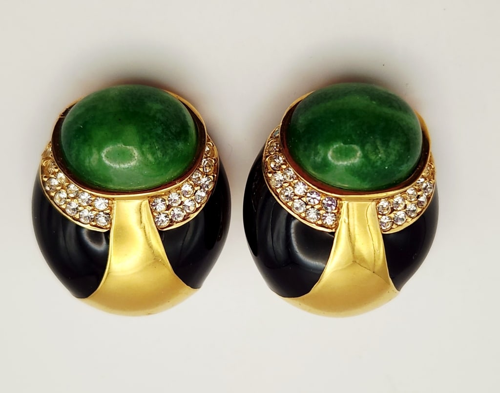 Ciner Gold Tone Faux Green Jade Cabochon Rhinestone Earrings (1 of 5)
