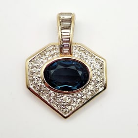 Panetta Gold Tone Blue Glass Stone & Rhinestone Pendant