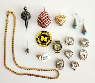 Gold Tone Necklace Silver Tone Stick Pin University of Michigan Faux Turquoise Earrings Gold Tone