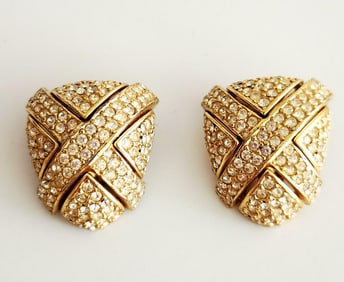 Vintage Ciner Clear Rhinestones Pave Gold Tone Earrings