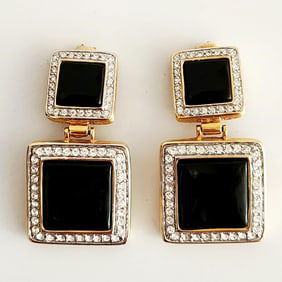 Gold Tone Onyx & Clear Rhinestones Earrings Made in