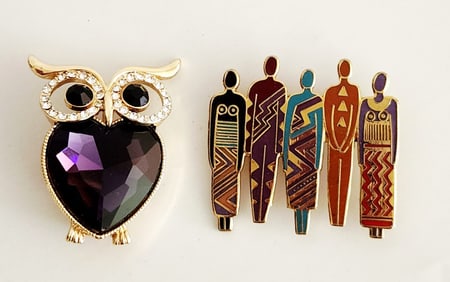 Monet Gold Tone Purple Rhinestone Owl & Laurel Burch Gold Tone Enamel Tribe Brooch Pin