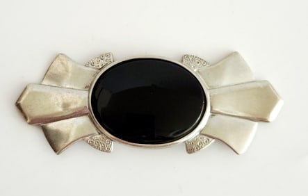 Ben-Amun Art Deco Silver Tone Faux Onyx Brooch Pin Pin is 3.5".