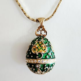 Park Lane Gold Tone Green Enamel Faberge Style Egg Hidden Cathedral Mosque On Gold Tone Chain.