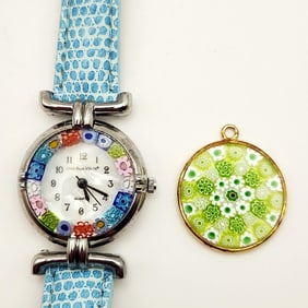 Murano Glass Millefiori Stainless Steel Quartz Watch & Gold Tone Millefiori