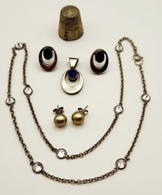 Sterling Silver Necklace With Rhinestones Lapis Lazuli Pendant & Earrings Pearl Stud Earrings &