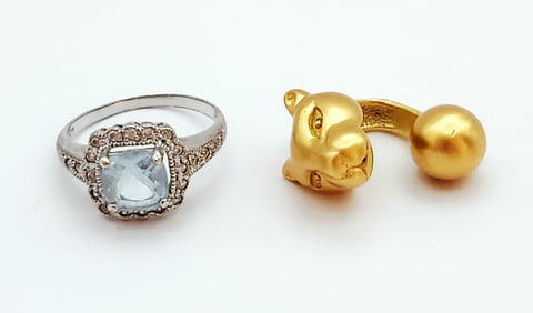 925 Sterling Blue Topaz & Rhinestone Ring & Vermeil Panther Ear Cuff Single Cuff Link