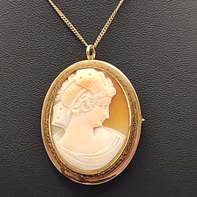 Vintage Gold Tone Shell Cameo Pendant Brooch Pin On Gold Filled Chain