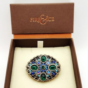Signed Michal Golan Fire & Ice Gold Tone Multi-Colored Glass Cabochons Brooch Pin Pendant