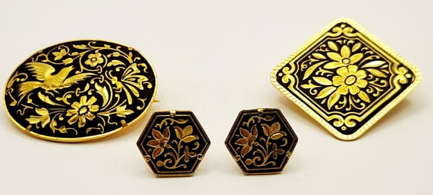 Vintage Damascene Bird Insect & Floral Brooches Pins Earrings