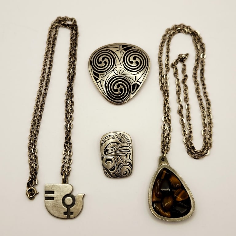 Signed Jorgen Jensen Demark Pewter Necklaces Signed St. Justin Celtic Concentric Circle & Signed: Signed St. Justin Celtic Concentric Circle & Signed Frederick Canada Bird Pewter Brooches Pins Necklaces are 23" & 26".For the best shipping rates, please select "Self-Arranged." Once you've done this