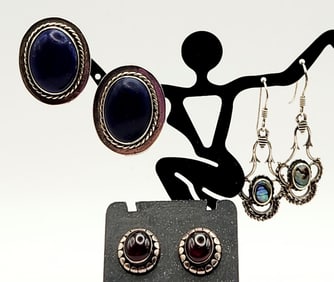 925 Sterling AIS Mexico Lapis Luzi Purple Cabachon & Abalone Earrings Lot weighs 17.6 grams.