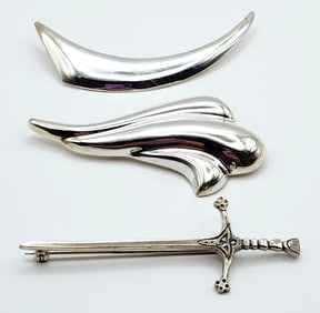 925 Sterling Scottish Celtic Knot Sword Aarikka Findland Kalke Curve & Wave Brooches
