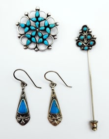 Sterling Silver & Turquoise Pin Brooch Stick Pin & Earrings