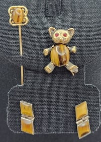 925 Sterling Tigers Eye Earrings & Teddy Bear Brooch Pin & Gold Tone Stick Pin