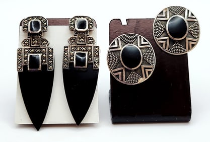 925 Sterling Marcasite & Onyx & Woods Onyx Earrings Lot weighs 21.5 grams.