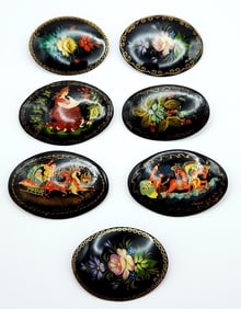 Lot Of 7 Russian Lacquer Hand Painted Brooches Pins Only 1 is signed.