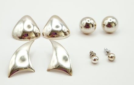 Sterling Modernist Triangle Half Round & Ball Stud Earrings Lot weighs 15 grams