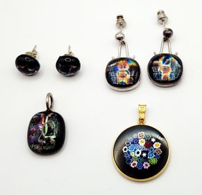 925 Sterling Vermeil Fused Glass Pendants Earrings & AMV Millefiori Pendant Lot weighs 19.3 grams.