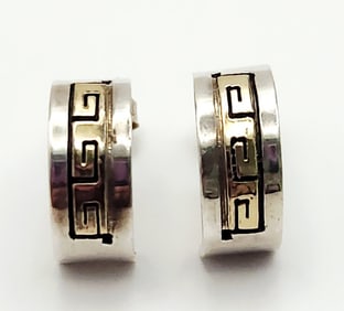 Native American B. Skeets Sterling Silver & 14K Yellow Gold Half Hoop Earrings Weighs 3.2 grams.