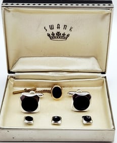 14K Yellow Gold Blue Lapis Luzi Tie Tack & Swank Silver Tone Cuff Links & Studs Set Original Box