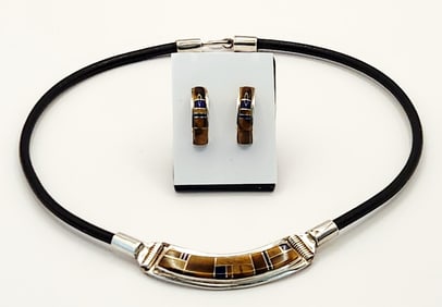 BGM 925 Sterling Tiger Eye & Onyx Necklace & Earring Set Necklace is 16". Lot weighs 30 grams.