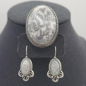 Sterling Silver & Dendrite Agate Brooch Pin & Earrings