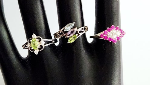 925 Sterling Silver Peridot Multi-Gemstone & Avon Red & Clear Rhinestone Rings