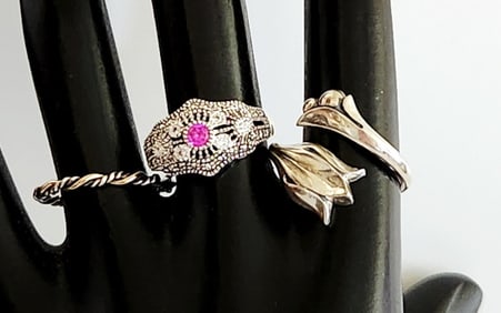 925 Sterling Silver Open Work Red & Clear Rhinestone & Avon Braid 14K Gold Filled & Sterling & Tulip