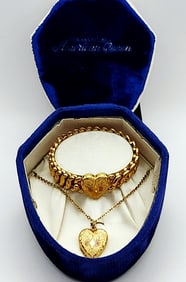 1930s American Queen Heart Stretch Bracelet & Locket Pendant Necklace Original