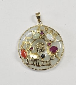 14K Yellow Gold Jade Ruby Opal & Sapphire Pendant Pendant weighs 6.2
