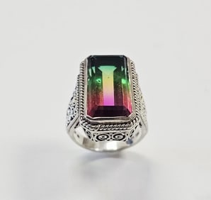18K & Sterling Silver Watermelon Tourmaline Ring Ring is a size 6 Ring weighs 9.8 Grams