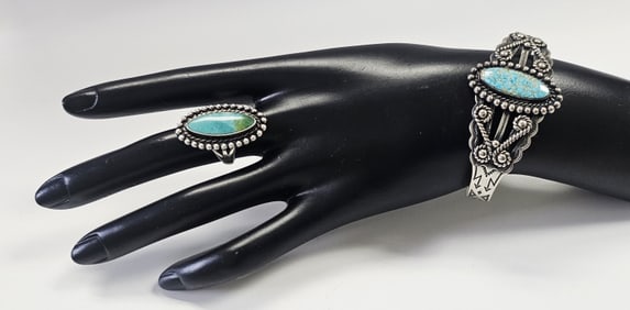 Sterling Silver & Turquoise Ring & Cuff Bracelet Ring is a size