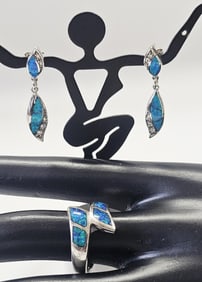 Sterling Silver Opal Earrings & Ring Ring is a size