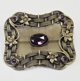 Victorian Brass Mesh Sash Pin with Faux Amethyst Old Victorian Fancy Brass Sash Pin w/ Mesh n Faux