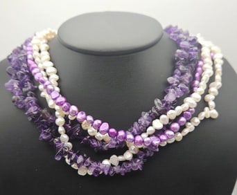 Vintage Sterling Clasp Amethyst and Pearl Necklace ; Necklace Measures 17.5"